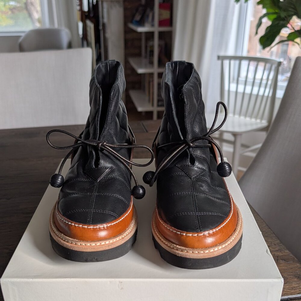 Ulla Johnson Black Leather Ankle Boots with Brown Trim
